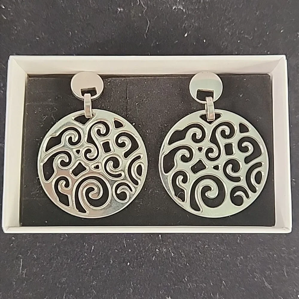 Earrings Stainless Steel Fancy Swirl Dangle Stud Post 1 3/4 Inch Vintage China
